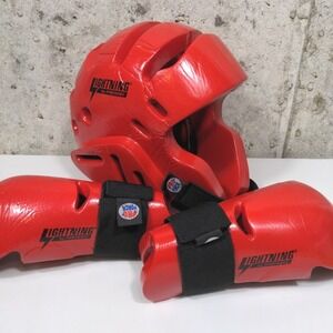 ProForce Lightning Martial Arts Sparring Gear Set Head Guard Gloves Red Youth M